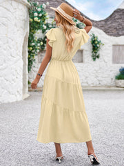 Women Summer V Neck Short Sleeve Ruffle Tiered Flowy Long Maxi Dress