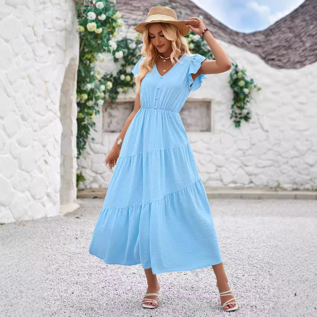 Women Summer V Neck Short Sleeve Ruffle Tiered Flowy Long Maxi Dress