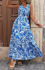 Women Summer Casual V Neck Floral Sleeveless Printed Dress