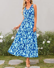 Women Summer Casual V Neck Floral Sleeveless Printed Dress