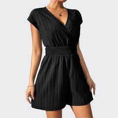 Women's Summer Casual V Neck Short Sleeve Rompers Loose Shorts Jumpsuits