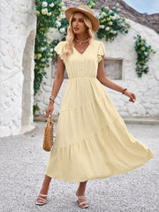 Women Summer V Neck Short Sleeve Ruffle Tiered Flowy Long Maxi Dress