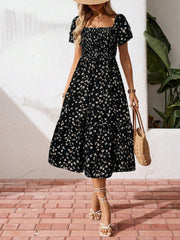 Women Summer Square Neck Short Sleeve Floral Maxi Dress