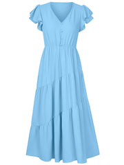 Women Summer V Neck Short Sleeve Ruffle Tiered Flowy Long Maxi Dress