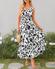 Women Summer Casual V Neck Floral Sleeveless Printed Dress