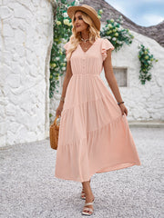 Women Summer V Neck Short Sleeve Ruffle Tiered Flowy Long Maxi Dress