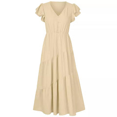 Women Summer V Neck Short Sleeve Ruffle Tiered Flowy Long Maxi Dress