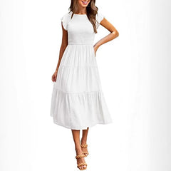 Women Flying Sleeves Pleated Layered Short-Sleeved Long Dress Big Swing Dress