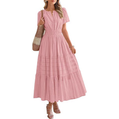 Women V Neck Pleated Bubble Sleeves Large Swing Short Sleeve Dress