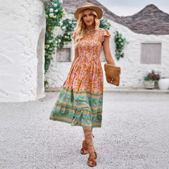 Women's Boho V Neck Floral Print Bohemian Cap Sleeve High Waist Long Maxi Beach Dress