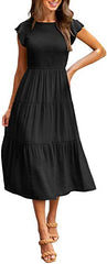 Women Flying Sleeves Pleated Layered Short-Sleeved Long Dress Big Swing Dress