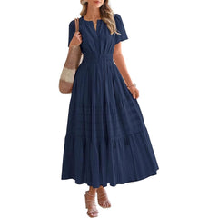 Women V Neck Pleated Bubble Sleeves Large Swing Short Sleeve Dress