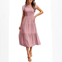 Women Flying Sleeves Pleated Layered Short-Sleeved Long Dress Big Swing Dress