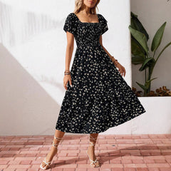 Women Summer Square Neck Short Sleeve Floral Maxi Dress