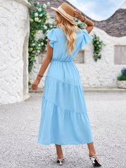 Women Summer V Neck Short Sleeve Ruffle Tiered Flowy Long Maxi Dress