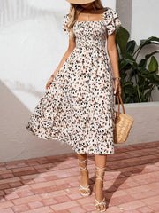 Women Summer Square Neck Short Sleeve Floral Maxi Dress