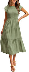 Women Flying Sleeves Pleated Layered Short-Sleeved Long Dress Big Swing Dress