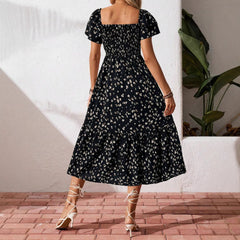 Women Summer Square Neck Short Sleeve Floral Maxi Dress