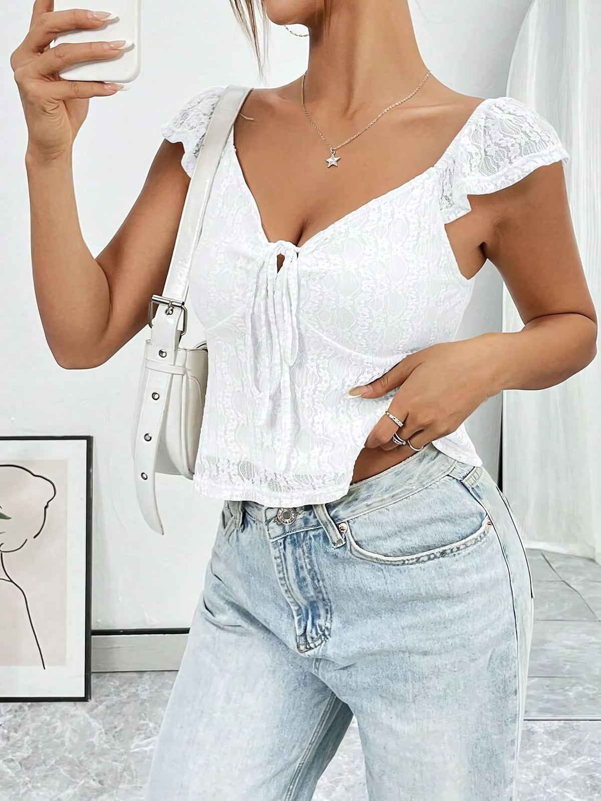 Women Stylish Lace Trimmed V-neck Top with Tie Closure Short Sleeve T Shirt