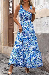 Women Summer Casual V Neck Floral Sleeveless Printed Dress