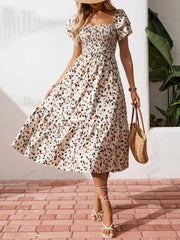 Women Summer Square Neck Short Sleeve Floral Maxi Dress