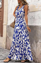 Women Summer Casual V Neck Floral Sleeveless Printed Dress